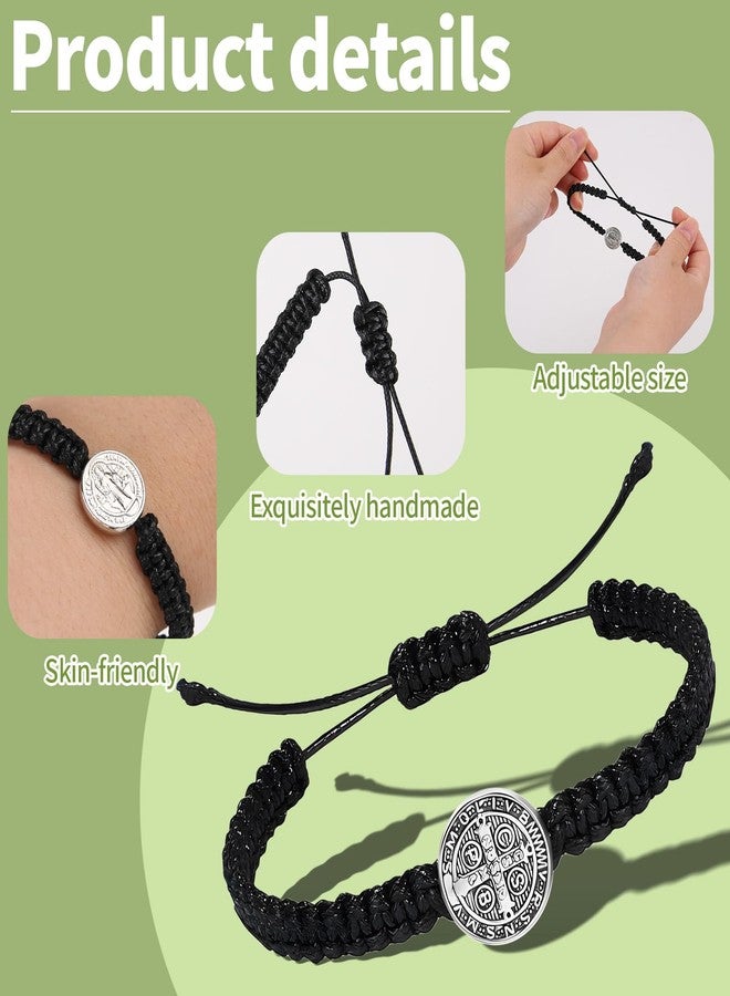 eggigi 12 Pcs Silver Saint Benedict Medal Rosary Bracelet, Catholic Wrist Bracelets Adjustable String Bracelets Religious Gifts for Men Women (Black) - Image 3